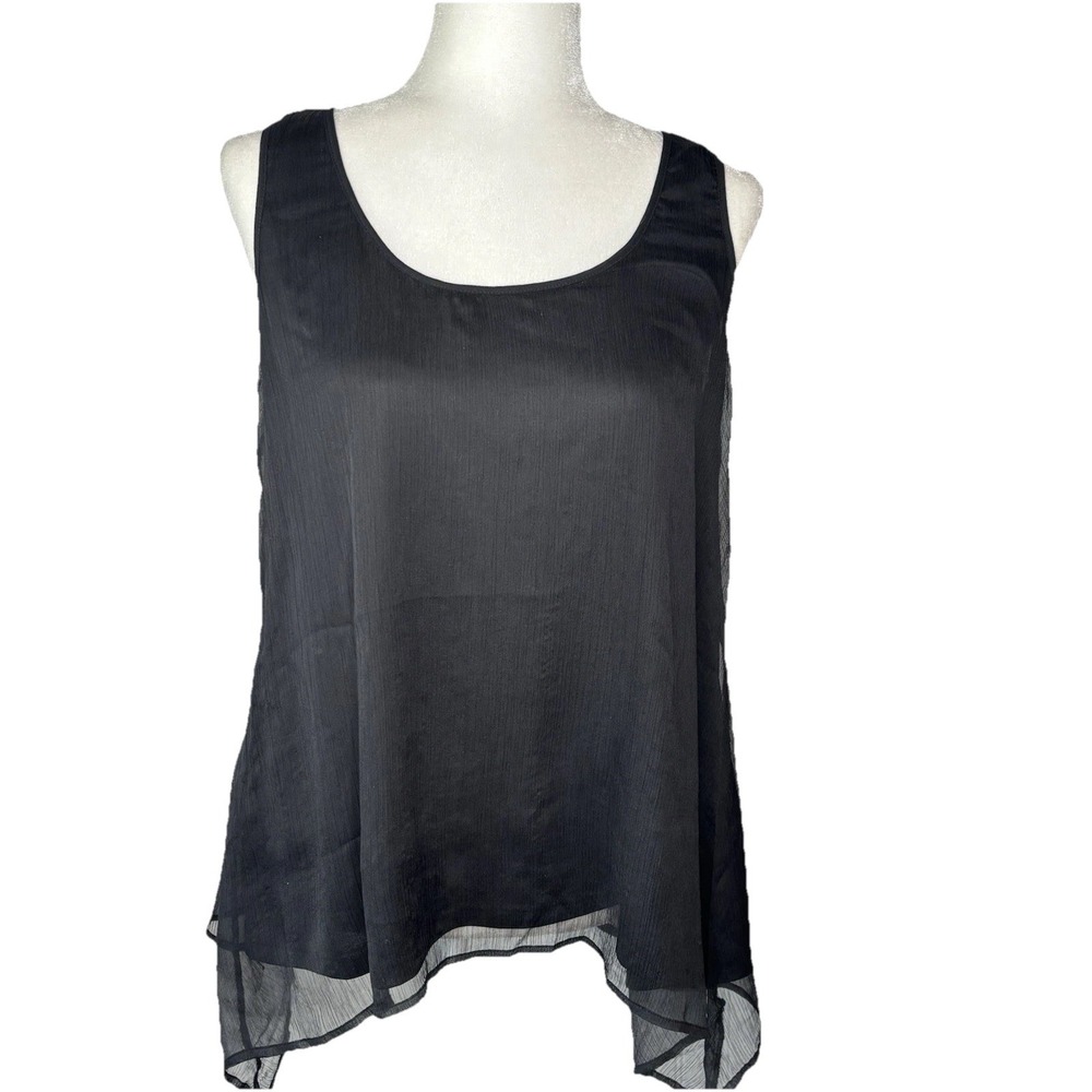 Vtg Cupio Top Tank LG Black Shark Bite Hem Chiffon Lace Panel Black Insert *READ - Picture 4 of 16